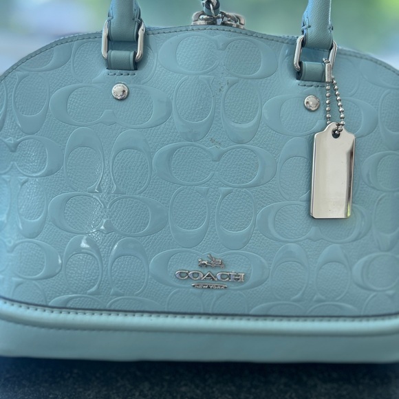 COACH MINI SIERRA SATCHEL IN SIGNATURE DEBOSSED PATENT LEATHER F55450 SV/AQUA - Picture 2 of 14